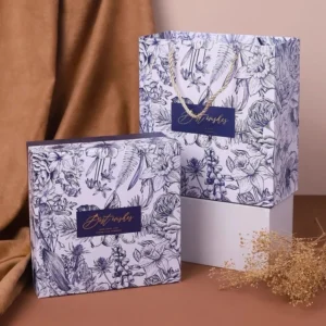 ถุงของขวัญ ขนาดใหญ่ ลายดอกไม้วินเทจ คละสีน้ำเงิน พร้อมถุงกระดาษสีทอง