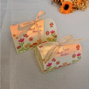กล่องของขวัญ ทรงหมอน ลายดอกไม้น่ารัก สดใส สีครีม ดอกชมพู กระดาษหนา